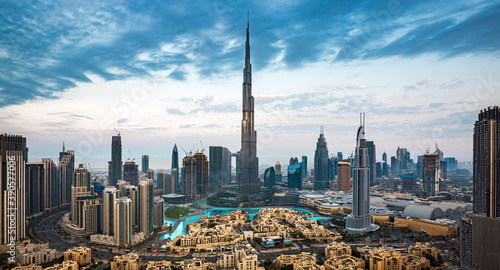 Photography Dubai city center view at sunrise, United Arab Emirates