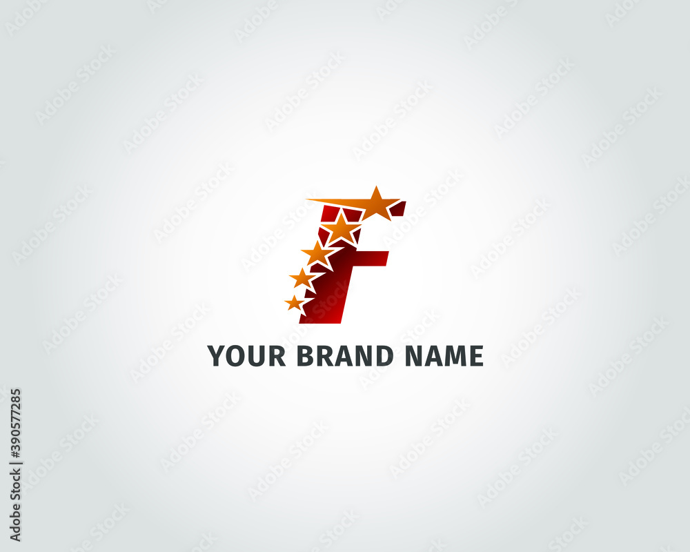 letter F red metallic with five golden star logo template letter F red metallic with five golden star logo template