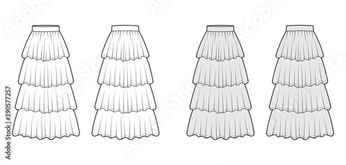 Skirt 4 layered flounce maxi technical fashion illustration with floor ankle lengths silhouette, circular fullness. Flat bottom template front, back white grey color style. Women men unisex CAD mockup