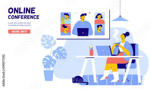 Woman using laptop for group video conference. Collective virtual meeting. Flat Vector illustration