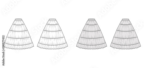 Skirt petticoat for gown technical fashion illustration with maxi floor length, circular fullness. Flat undergarment bottom template front, back, white grey color style. Women, men, unisex CAD mockup