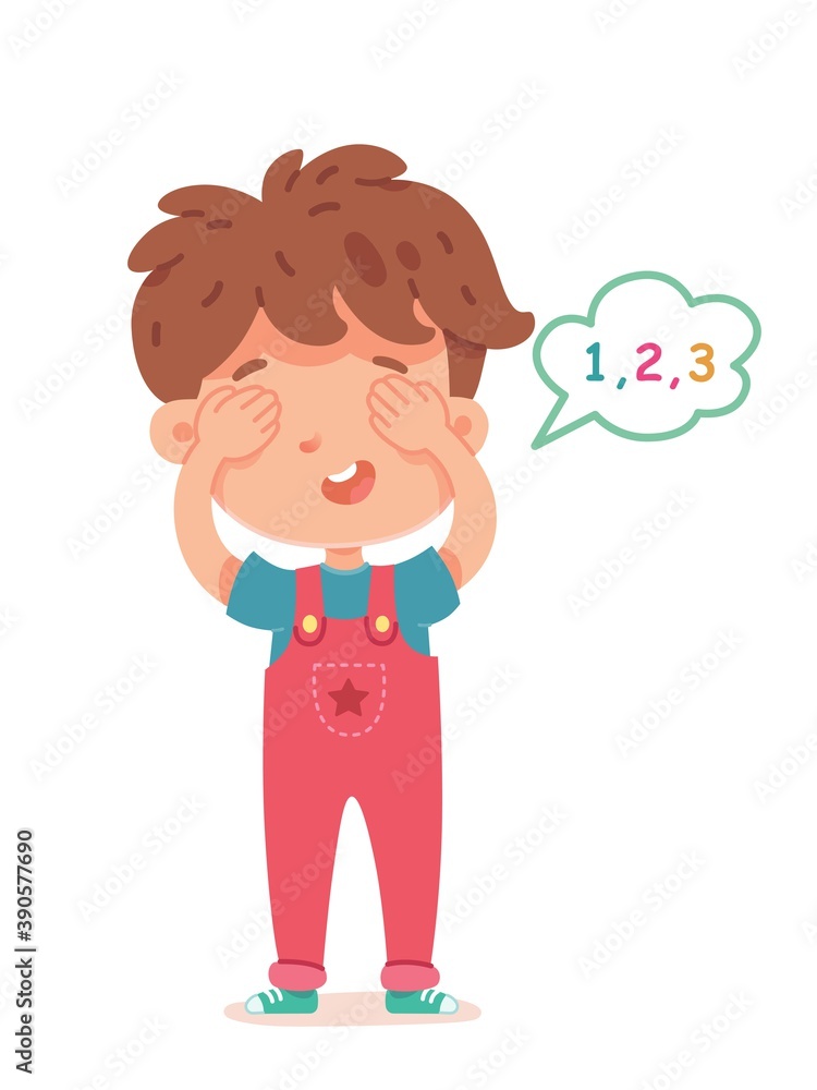 Little boy playing hide and seek, counting with eyes shut. Happy kid standing with bubble with numbers on white background vector illustration. Fun childhood game and cheerful pastime Little boy playing hide and seek, counting with eyes shut. Happy kid standing with bubble with numbers on white background vector illustration. Fun childhood game and cheerful pastime