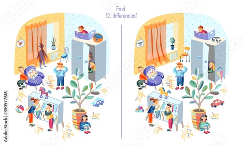 Playing hide and seek with friends at home. Find difference between two pictures game vector illustration. Boy counting, children hiding in room. Fun childhood game and cheerful pastime