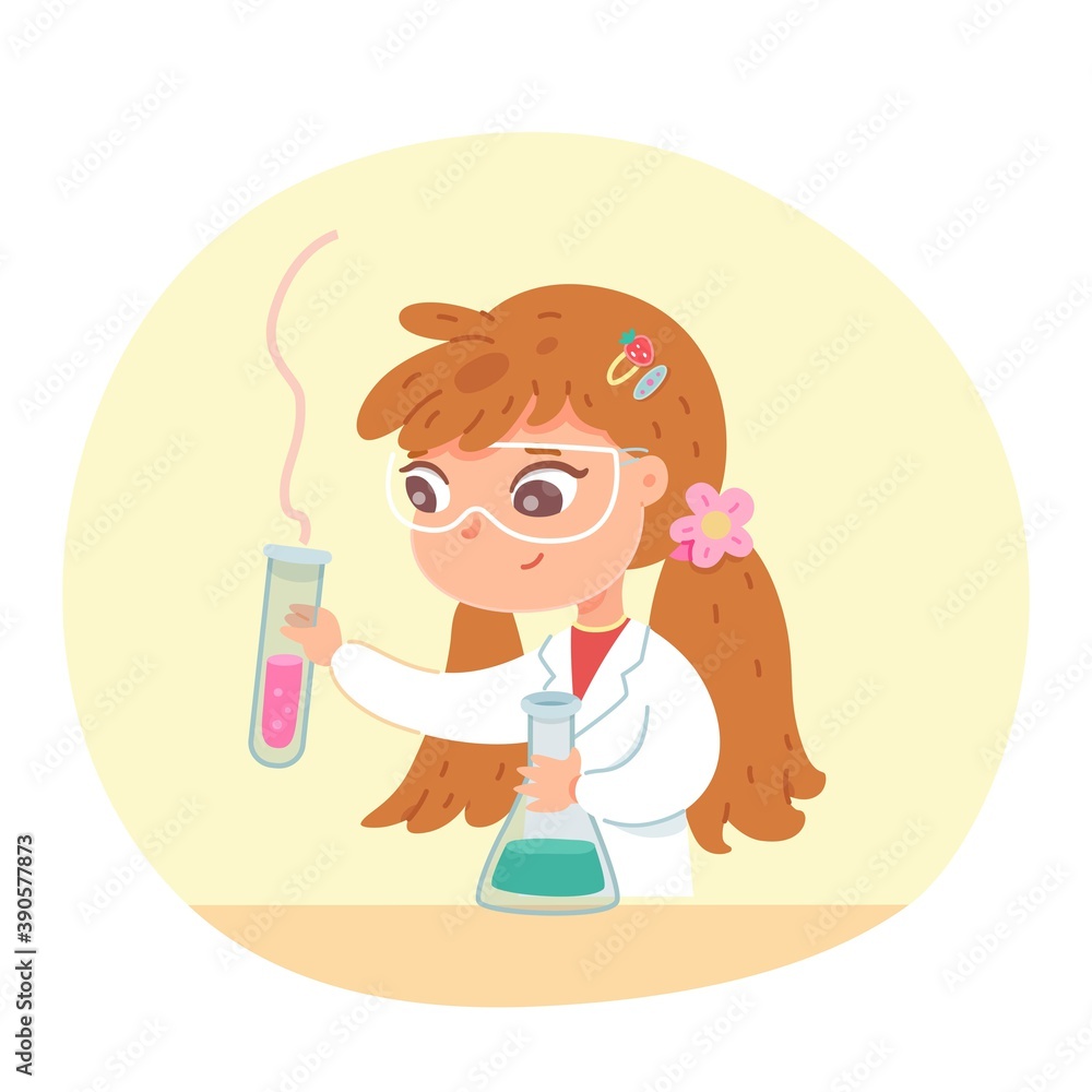Little girl doing chemistry experiment at school class. Kid in education vector illustration. Girl at chemistry class at school, holding flasks in protective glasses at table