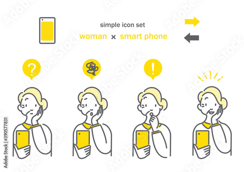 スマホを操作するシニア女性のシンプルアイコンセット　黄色　グレー　二色