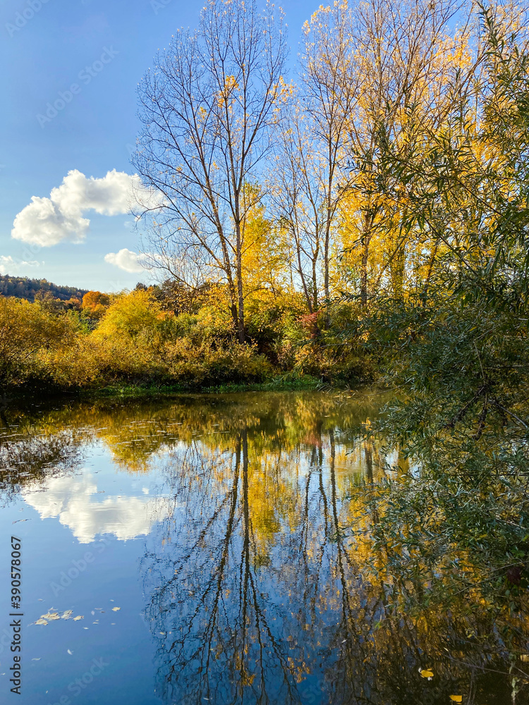 Herbstimpressionen spiegeln sich im Main bei Winterhausen
