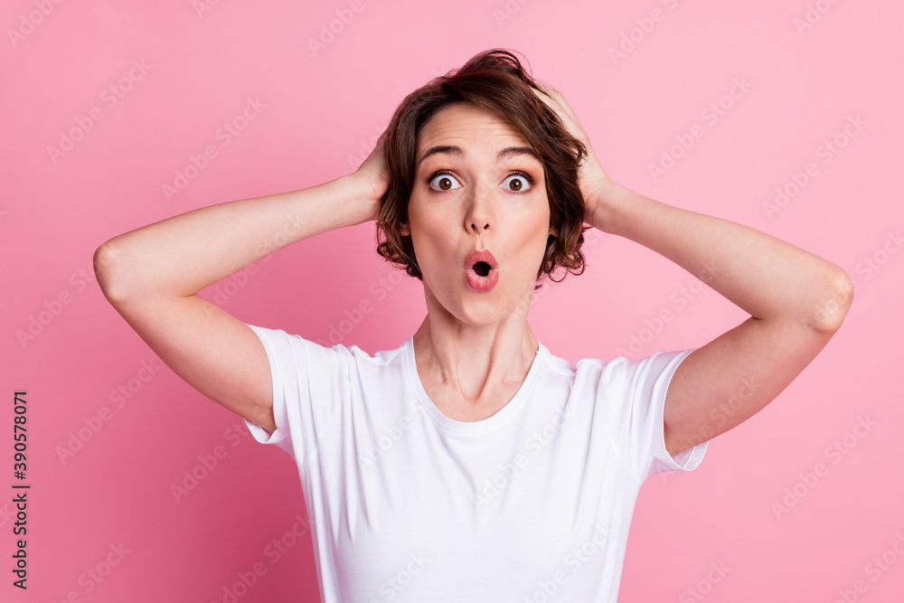 Close-up portrait of attractive worried amazed brown-haired girl got unexpected news pou lips isolated over pink pastel color background Close-up portrait of attractive worried amazed brown-haired girl got unexpected news pou lips isolated over pink pastel color background