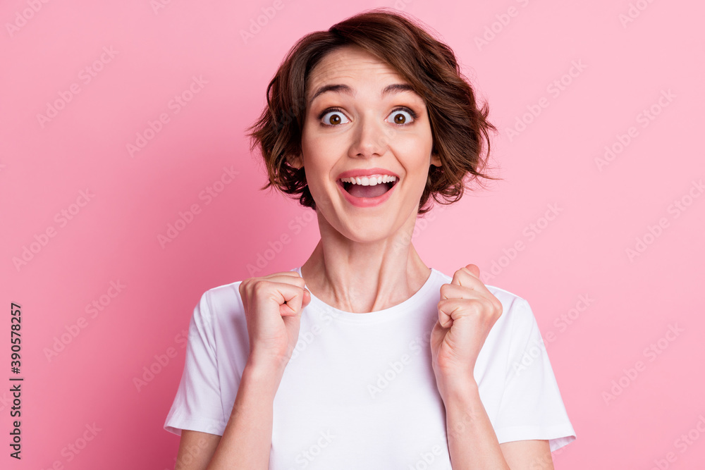 Close-up portrait of attractive girlish funky lucky cheerful brown-haired girl expecting fortune isolated over pink pastel color background Close-up portrait of attractive girlish funky lucky cheerful brown-haired girl expecting fortune isolated over pink pastel color background