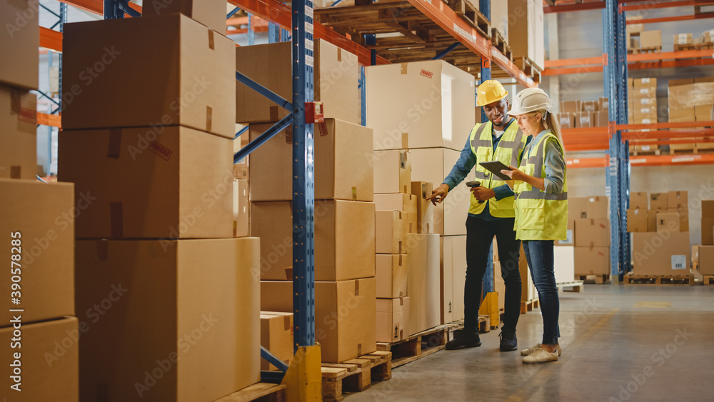 © Gorodenkoff - Retail Warehouse full of Shelves with Goods in Cardboard Boxes, Male Worker and Female Supervisor Holding Digital Tablet Discuss Product Delivery while Scanning Packages. Distribution Logistics Center
