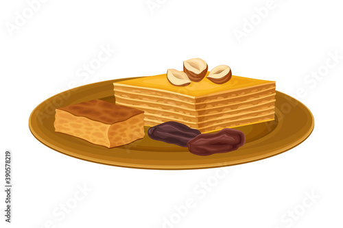 Layered Pastry with Nuts as Egyptian Dessert Vector Illustration