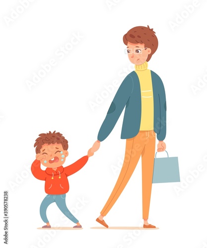 Bad spoiled kid crying with father. Little boy pulling fatherʼs hand, upset grimace, sad face expression. Manners and bad behavior vector illustration. Man with son on white background