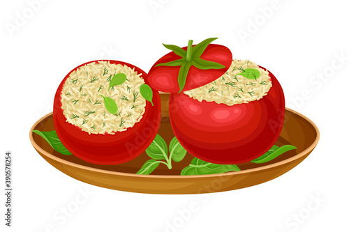 Red Tomatoes Stuffed with Rice Rested on Plate as Egyptian Dish Vector Illustration