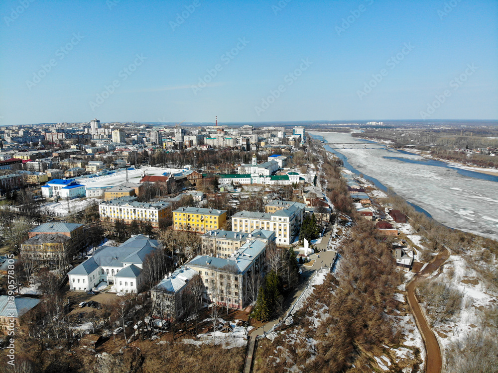 Aerial view of the city of Kirov and the Vyatka river in spring