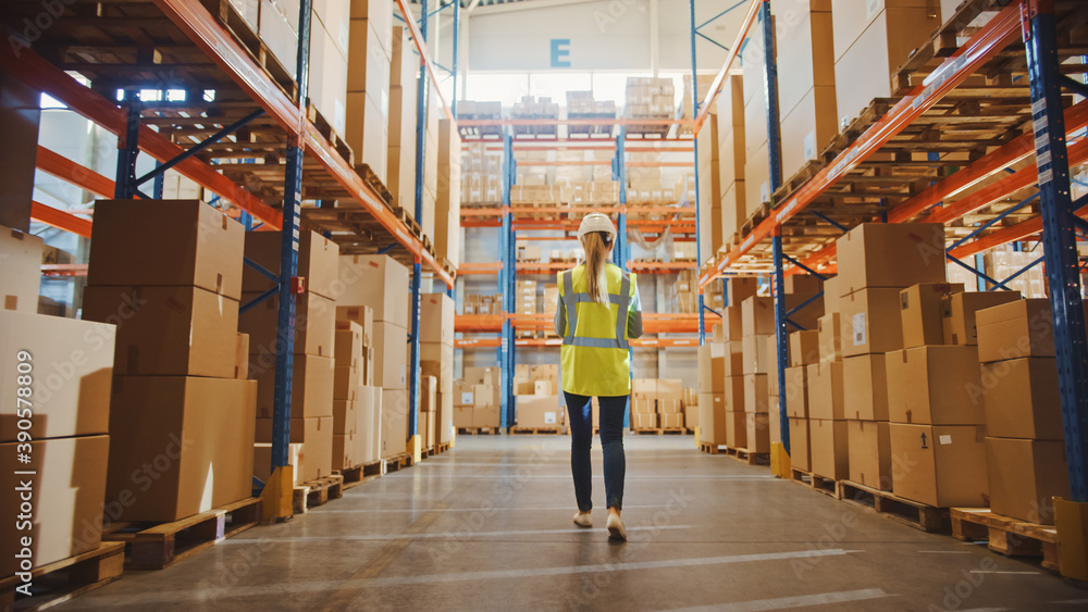 Professional Female Worker Wearing Hard Hat Checks Stock and Inventory Walks in the Retail Warehouse full of Shelves with Goods. Working in Logistics, Delivery Center. Back View Professional Female Worker Wearing Hard Hat Checks Stock and Inventory Walks in the Retail Warehouse full of Shelves with Goods. Working in Logistics, Delivery Center. Back View