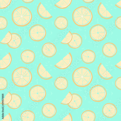 Seamless vector pattern, slices of yellow lemon on a turquoise background. Cute design for prints, wallpapers, fabrics or wrapping paper