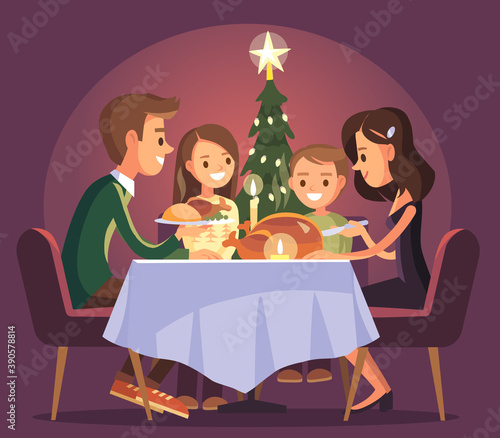 Christmas thanksgiving family evening dinner celebration.Family eating together and has making conversation sitting around the table with festive holiday homemade meal.Christmas family evening dinner.
