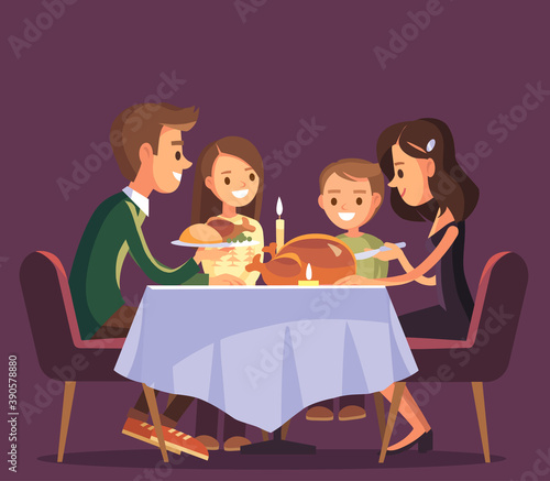 Christmas thanksgiving family evening dinner celebration. Family eating together and has making conversation sitting around the table with festive holiday homemade meal. Family union.