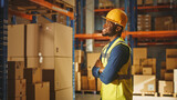 Handsome and Happy Professional Worker Wearing Safety Vest and Hard Hat Smiling with Crossed Arms. In the Background Big Warehouse with Shelves full of Delivery Goods. Medium Portrait