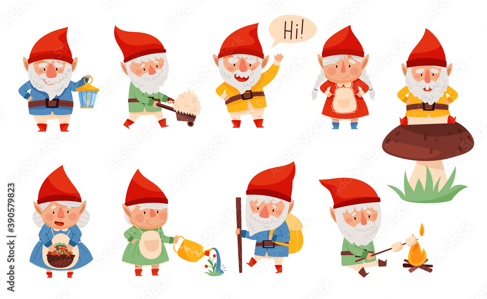 Fantastic Gnome Character with White Beard and Red Pointed Hat Vector Illustration Set Fantastic Gnome Character with White Beard and Red Pointed Hat Vector Illustration Set
