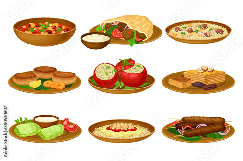 Egyptian Food and Dishes with Dolma and Falafel Vector Set