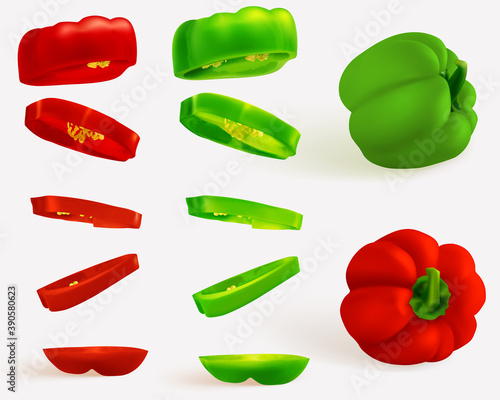 Hungarian pepper, realistic sweet papper. Capsicum habanero colorful paprika isolated on light background.