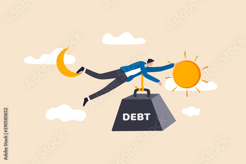 Debt crisis for salary man, working hard day until night making money to pay for debt of overspending habit concept, tried businessman holding on the moon and sun with heavy weight with the word debt.