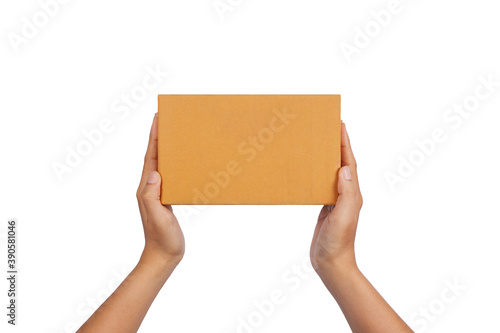 Female hands holding box isolated on white background