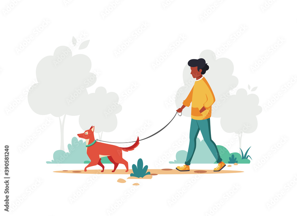 Black man walking with dog. Outdoor activity concept. Vector illustration.