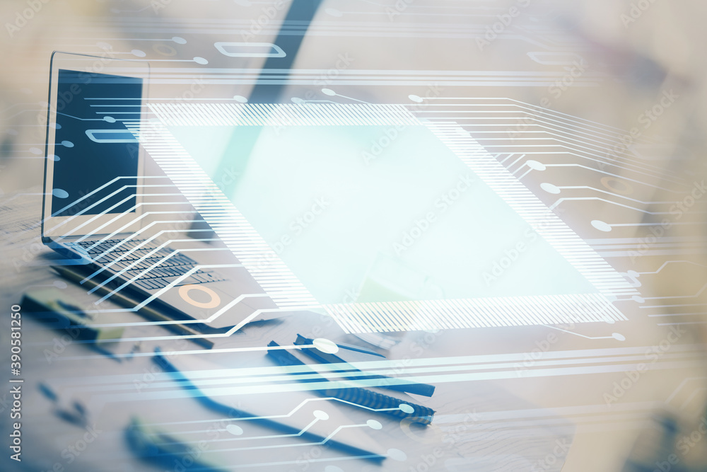 Double exposure of table with computer on background and data theme drawing. Concept of innovation. Double exposure of table with computer on background and data theme drawing. Concept of innovation.