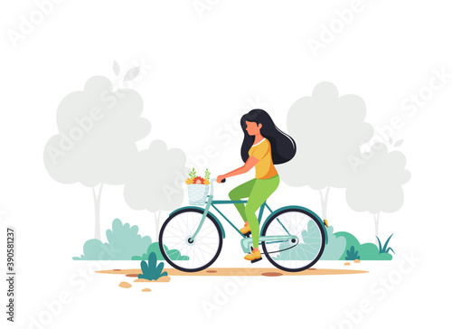 Woman riding bike. Healthy lifestyle, sport, outdoor activity concept. Vector illustration in flat style.