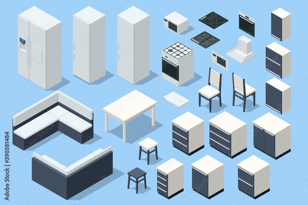 Isometric various elements for creating a kitchen design isolated on background. Modern house interior with kitchen and dining room combination.