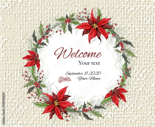 a wreath of winter flowers (poinsettia,  mistletoe, Holly), a realistic element drawn by hand, a composition of a bouquet in the form of a circle. decorations for  cards, posters. Vintage style