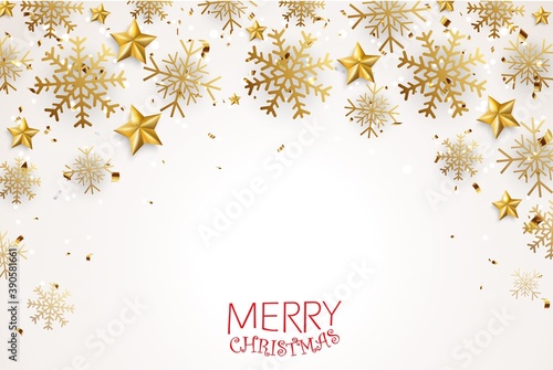 Merry christmas and happy new year banner with red and gold balls and confetti