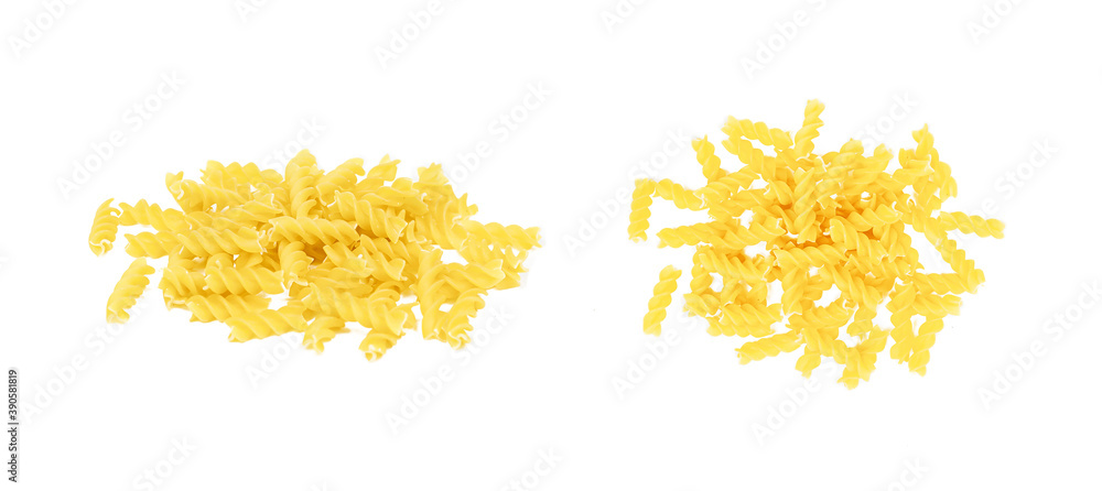 Top view of yellow uncooked fusilli pasta set isolated on white background. Top view of yellow uncooked fusilli pasta set isolated on white background.