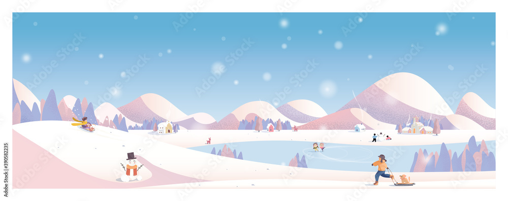 Art & Illustration Vector illustration of  winter landscape.Snow with church,rural village.Kids playing outside with sleight and snowman.Concept of winter landscape background. 