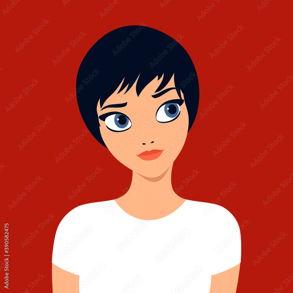 Portrait of a beautiful short haired brunette woman looking sidelong glance. Avatar of tomboy androgynous girl student. Young modern vector flat illustration Portrait of a beautiful short haired brunette woman looking sidelong glance. Avatar of tomboy androgynous girl student. Young modern vector flat illustration