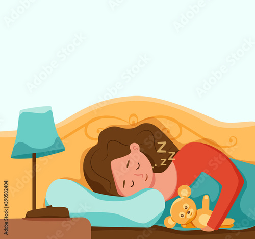 Kid sleep in bed at night vector illustration. Gir childl in pajama having a sweet dream in bedroom.