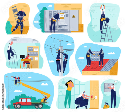 Electricity works set of vector illustrations. Electric works and equipment, electricians performing electrical works indoors and outdoors. Cables, voltage maintenance, technician service.