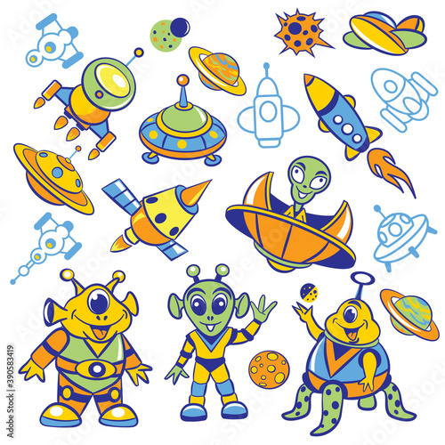 Set of vector Funny cartoon aliens and space vehicles