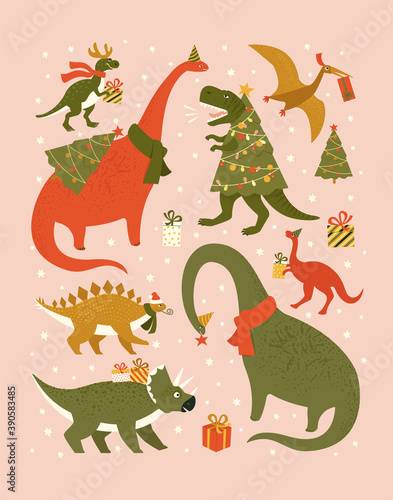 Christmas holiday set with festive dinos. Dinosaurs in Santa hat decorates Christmas tree garland lights. Vector cute winter characters.