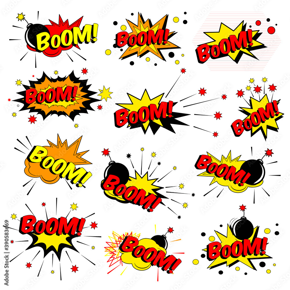 Fototapeta premium Funny cartoon superhero elements: different clouds with boom