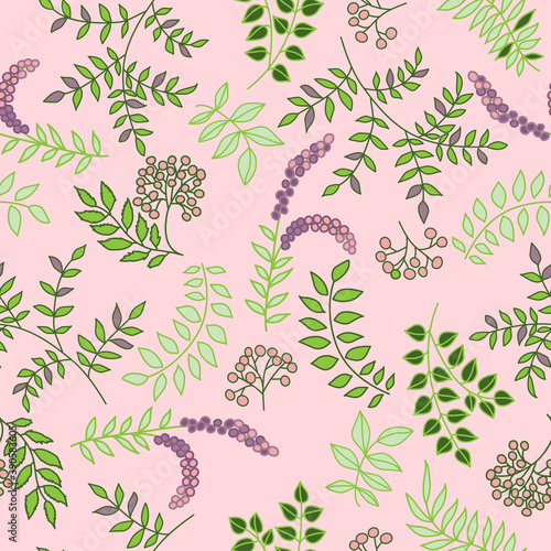 Seamless Floral Pattern with branches, leaves and rowan berries