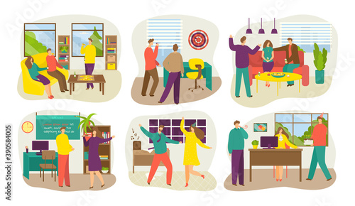 Corporate party banners with celebrating communicating people flat isolated vector illustrations set. Businesspeople dancing, celebrate corporate event in office. Happy team celebration.