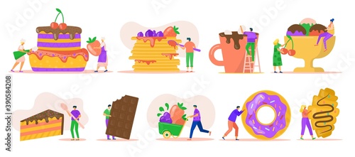 People with desserts isolated on white set of vector illustrations. Tiny characters with ice cream, huge donut, chocolate, puncakes and cake. Sweet afters food for bakery. Delicious sweet dessert.