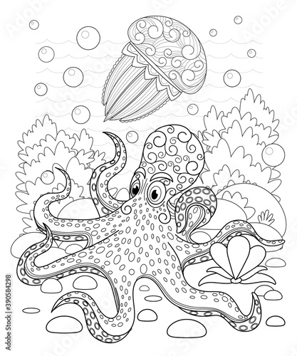Hand drawn decorative jellyfish and octopus