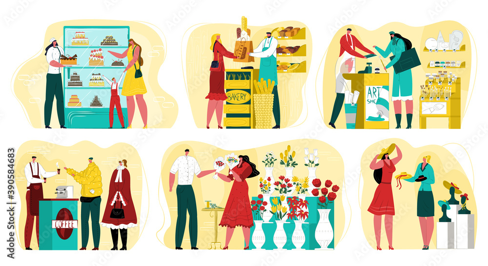 Small business with owner businessman at work, set of vector illustrations. Flower kiosk, coffee shop, bakery and art store. Small business service, occupation concept. Own shop or cafe. Small business with owner businessman at work, set of vector illustrations. Flower kiosk, coffee shop, bakery and art store. Small business service, occupation concept. Own shop or cafe.