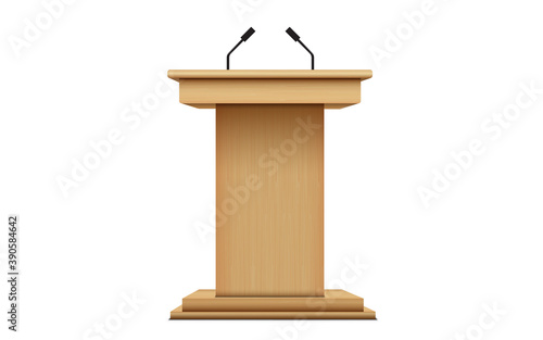 wooden announcement podium and microphone on the white background