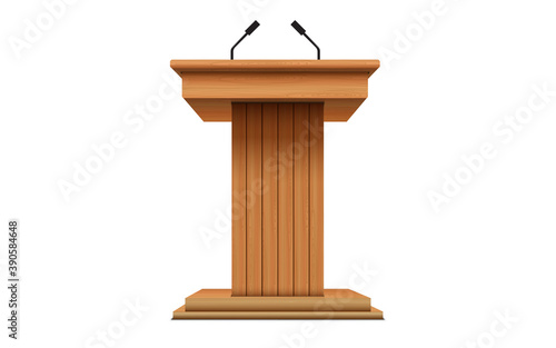 wooden announcement podium and microphone on the white background