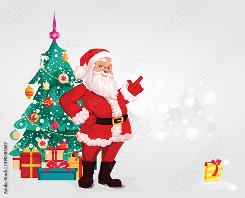 Cheerful Santa Claus, smiling cartoon character, Christmas holiday, in the background with a winter landscape and a gift in the snow. vector illustration