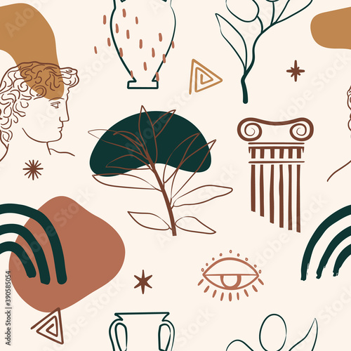 Minimalist Seamless Pattern of Greek sculpture David head line drawing, organic shapes, pillar, evil eyes and leaves. Vector Illustration inspired by antiquity civilizations.